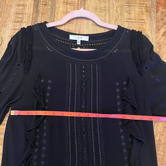 IRO Jeyss 17S Ruffle Eyelet Mini Dress Size 4 Small Black Bell Sleeve Tunic Goth - Picture 16 of 16